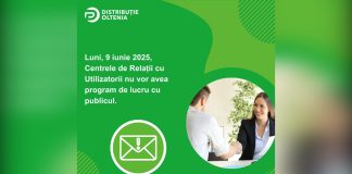 Centrele de Relații cu Utilizatorii Distribuție Oltenia nu vor avea program de lucru cu publicul în data de 9 iunie 2025