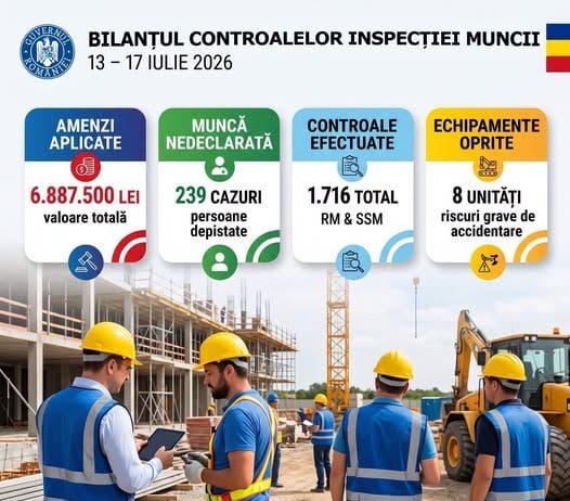 Peste 6,8 milioane de lei în amenzi și 239 de cazuri de muncă nedeclarată într-o singură săptămână!
