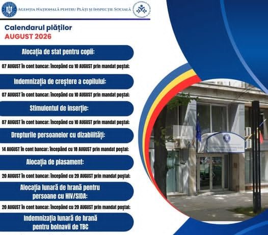Plățile alocațiilor, indemnizațiilor și stimulentelor, efectuate mai devreme în luna august 2026