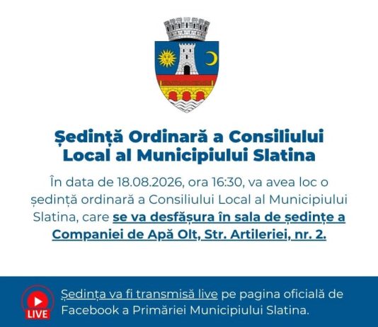 Consiliul Local Slatina se întrunește astăzi. „Primul meu ghiozdan” și premierea elevilor cu media 10, pe ordinea de zi.