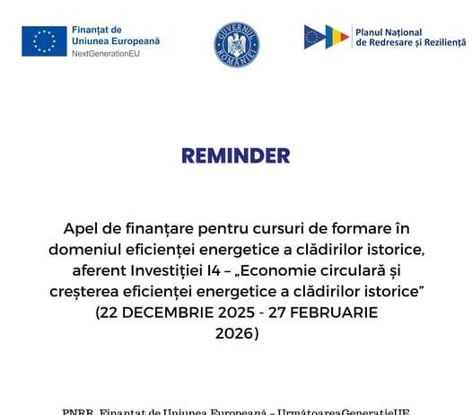 𝐑𝐄𝐌𝐈𝐍𝐃𝐄𝐑 | 𝐀𝐩𝐞𝐥 𝐝𝐞 𝐟𝐢𝐧𝐚𝐧𝐭̦𝐚𝐫𝐞 𝐏𝐍𝐑𝐑 – 𝐜𝐮𝐫𝐬𝐮𝐫𝐢 𝐝𝐞 𝐟𝐨𝐫𝐦𝐚𝐫𝐞 𝐢̂𝐧 𝐞𝐟𝐢𝐜𝐢𝐞𝐧𝐭̦𝐚 𝐞𝐧𝐞𝐫𝐠𝐞𝐭𝐢𝐜𝐚̆ 𝐚 𝐜𝐥𝐚̆𝐝𝐢𝐫𝐢𝐥𝐨𝐫 𝐢𝐬𝐭𝐨𝐫𝐢𝐜𝐞