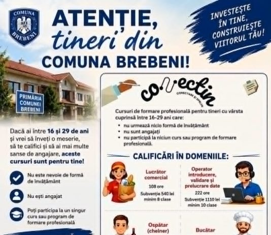 Tinerii din Brebeni, invitați la cursuri de calificare cu subvenții între 540 și 1.710 lei