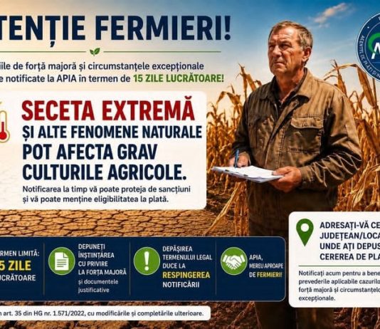 APIA: Fermierii afectați de secetă și alte fenomene naturale trebuie să notifice situațiile de forță majoră în termen de 15 zile lucrătoare
