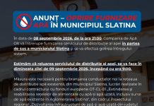 ATENȚIE! Furnizarea apei va fi întreruptă temporar în partea de sus a Slatinei