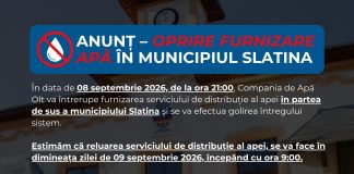 ATENȚIE! Furnizarea apei va fi întreruptă temporar în partea de sus a Slatinei