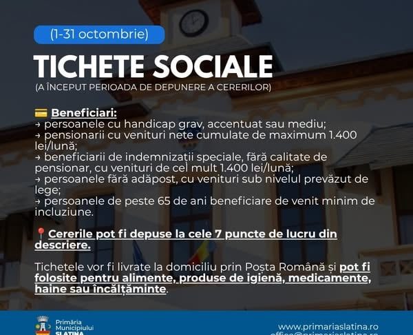 Sprijin pentru slătineni: începe depunerea cererilor pentru tichetele sociale!