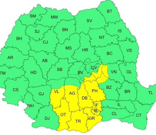 Cod galben de ploi abundente în Oltenia, Muntenia și Carpații de Curbură