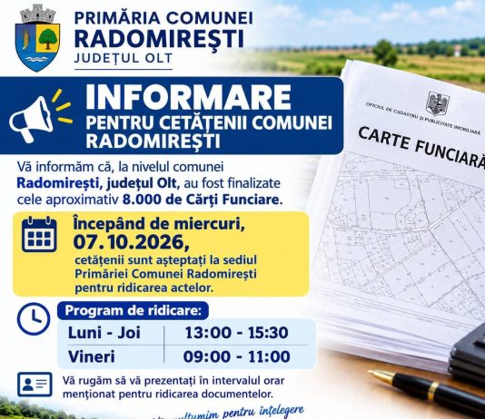 Aproximativ 8.000 de cărți funciare, finalizate la Radomirești. Locuitorii își pot ridica documentele de la Primărie.